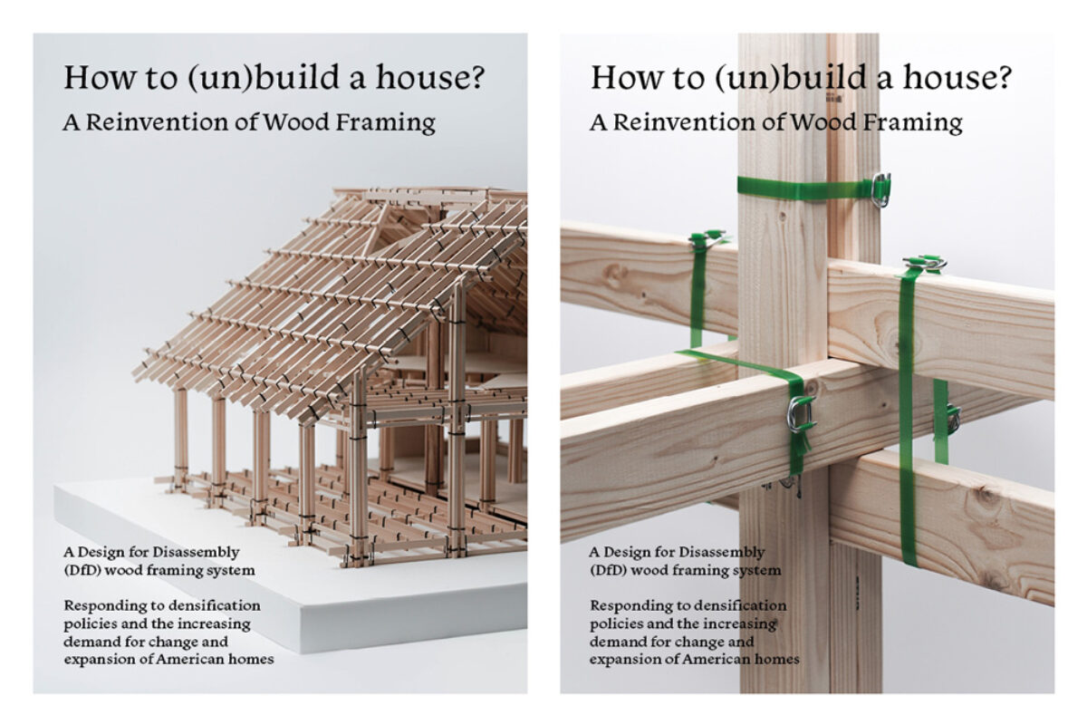 Two photographs, one shows a wood house and the other shows the detail of a wood beams crossing each other and fastened together with green straps.