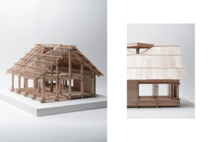 Two images show different views of a wood model of a house with a sloping roof.