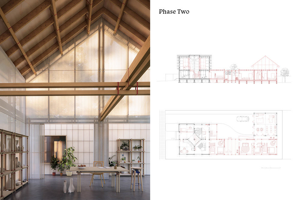 An interior office space with a desk and a high ceiling covered by a wood pitched roof. Structural wood beams cross in the center of the space over the desk. Two diagrams show a plan and elevation for the building.