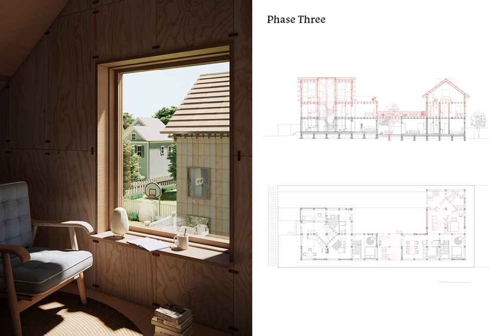 An interior space with wood walls and window that looks out onto another wood framed structure nearby. A site plan and elevation for the building are paired with the rendering.