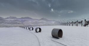 A digital rendering of an arctic landscape with cylindrical sections of a pipeline, each separated from any other, arranged on the ground in a straight line.
