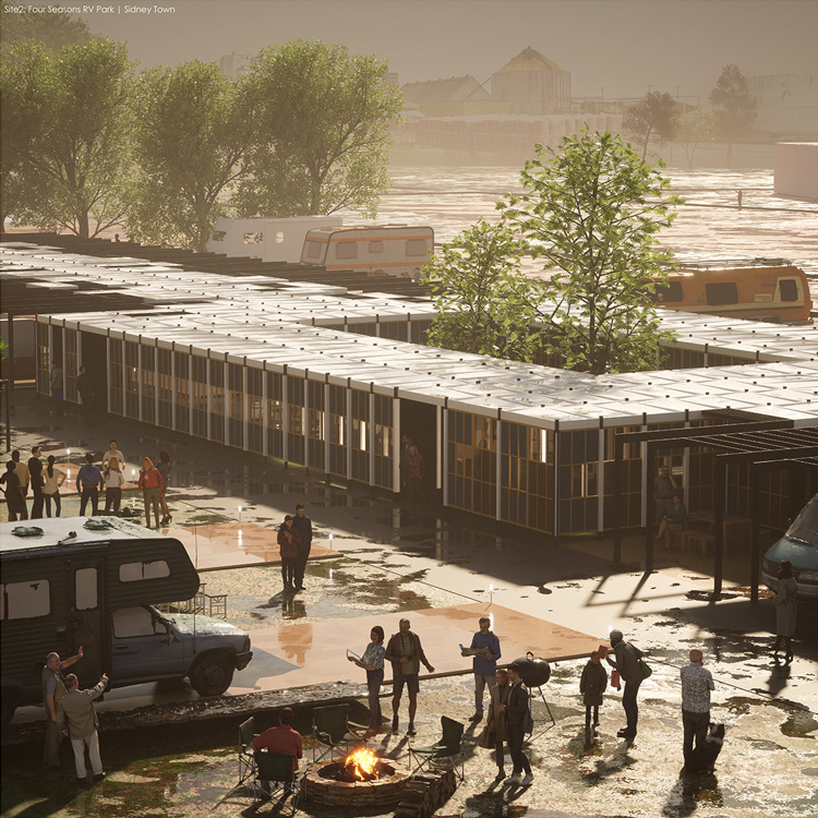 A digital rendering of a large open area with modular buildings interspersed with mobile camper vans. A crowd of people of various ages in the foreground gather around a campfire.