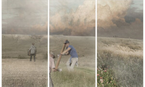 A trio of digital images showing people working on grassy open landscapes including by erecting a fencepost.