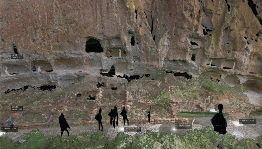 a cliff face with digitally cut out caves and people