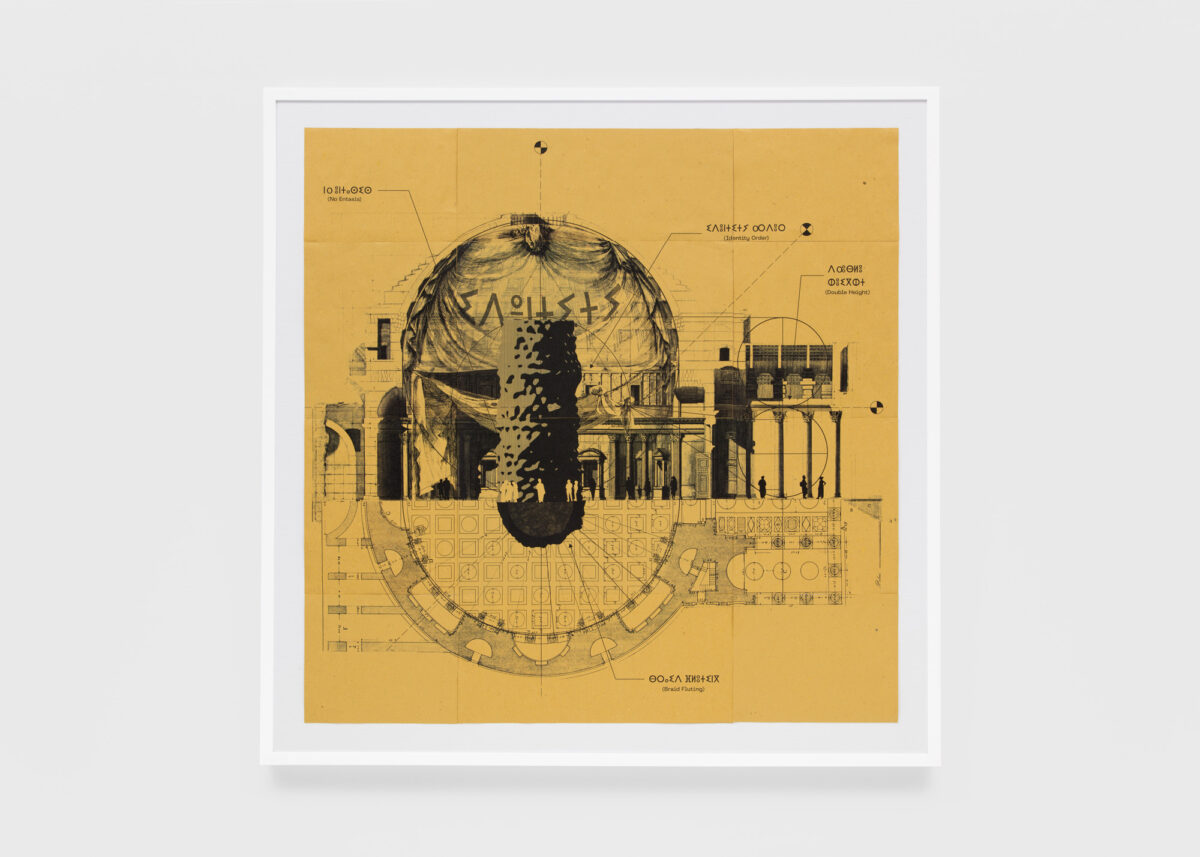 A graphic by Germane Barnes includes black images and text on a yellow sheet. The collage-like composition includes a floor plan of the Pantheon and a section of the building.