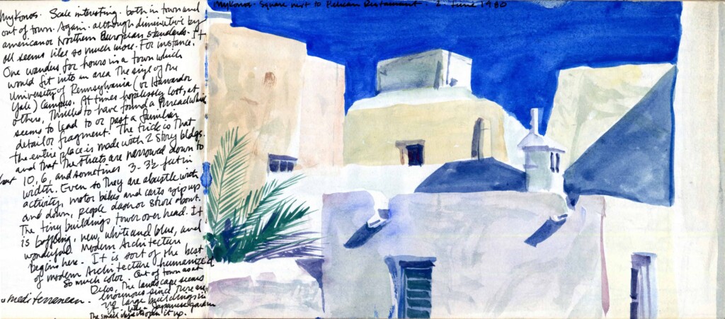 Drawing of architectural landscape in Greece with handwritten notes beside it