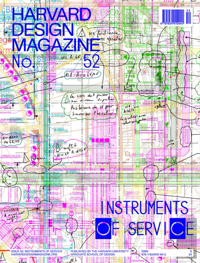 Cover of Harvard Design Magazine No. 52 with Harvard Design Magazine No. 52 and Instruments of Service in bright blue with a colorful architectural drawing in the background