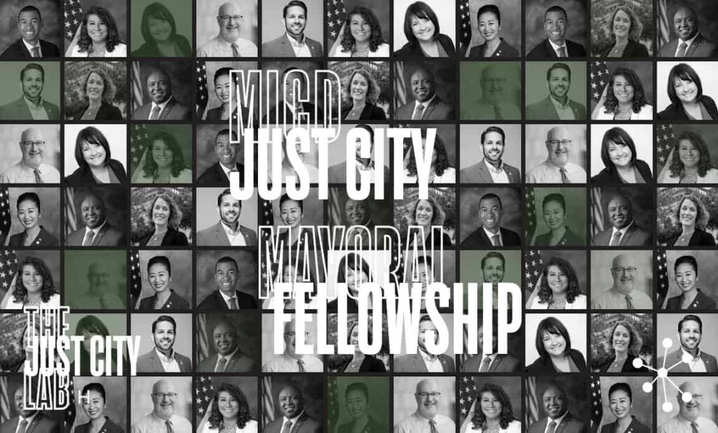 Collage in black white and green of headshots of mayors from around the country and the logos of the event sponsors.